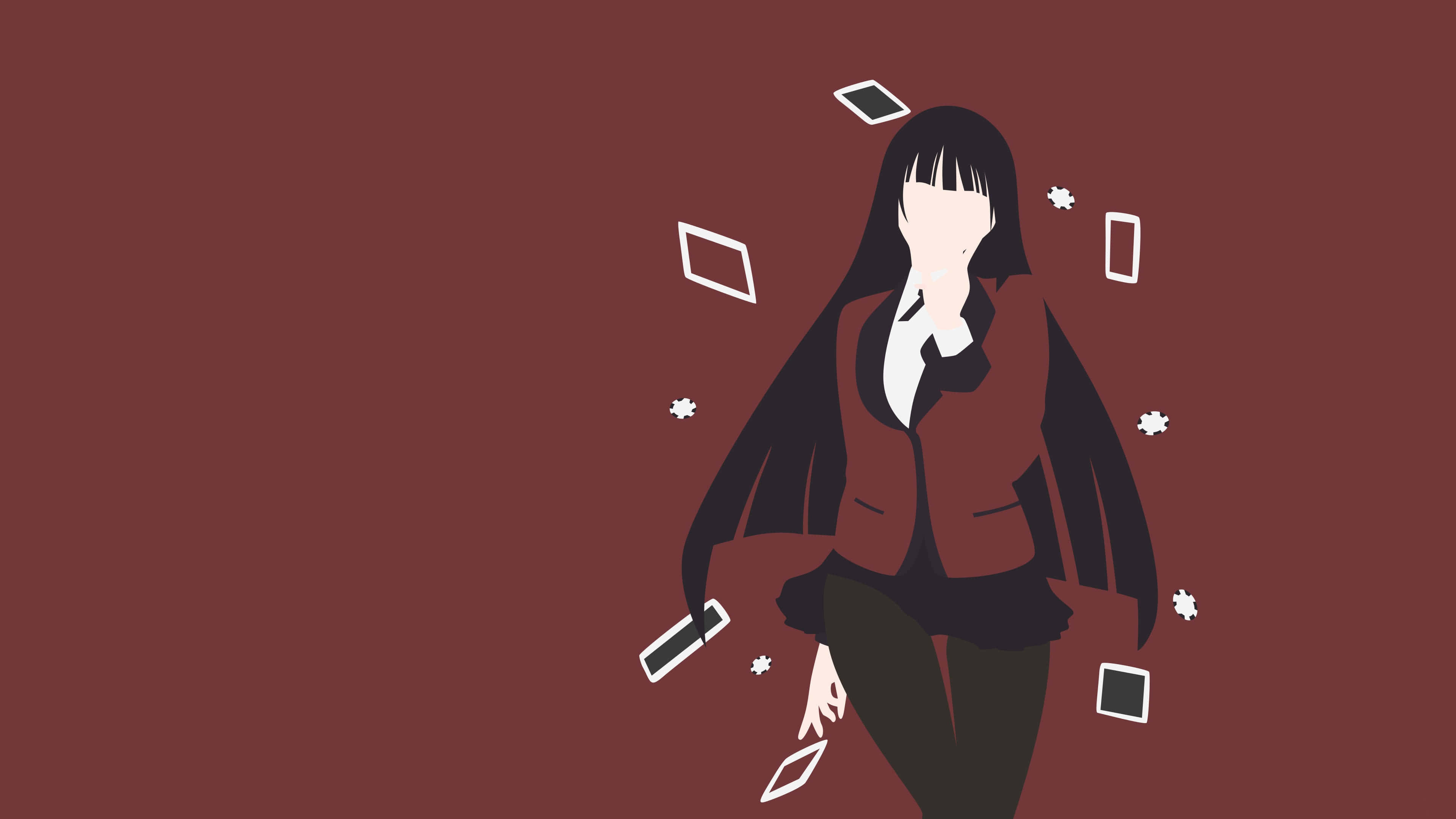 狂賭之淵 桌布 壁紙 — 一個風格化的動漫女孩，長著黑色長髮，站在純栗色背景上漂浮的白色智能手機之間。