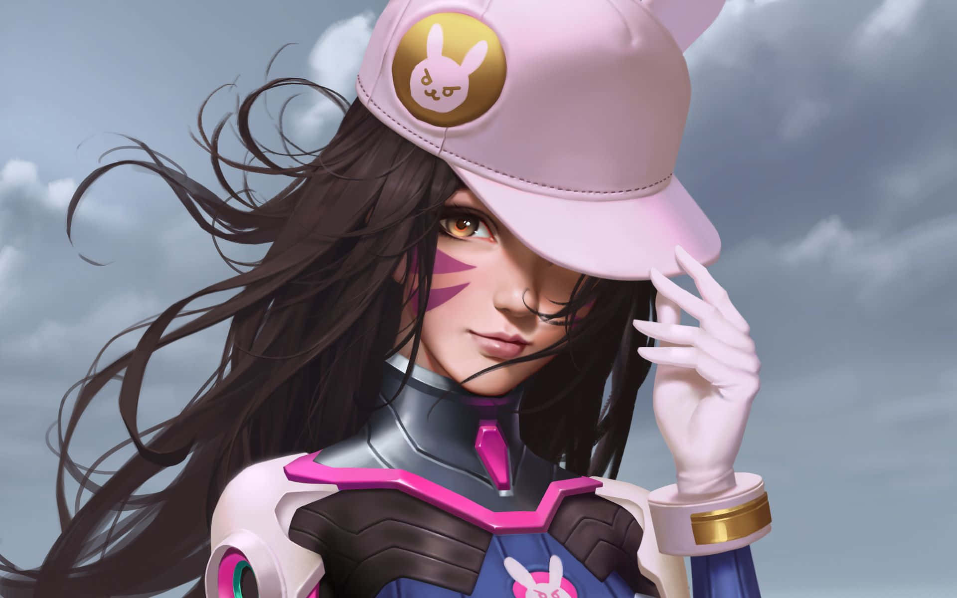 Overwatch D.va 桌布 壁紙 — 一個風格化的動漫女孩，長長的黑髮和粉紅色的兔仔帽，在陰天調整她的護目鏡。