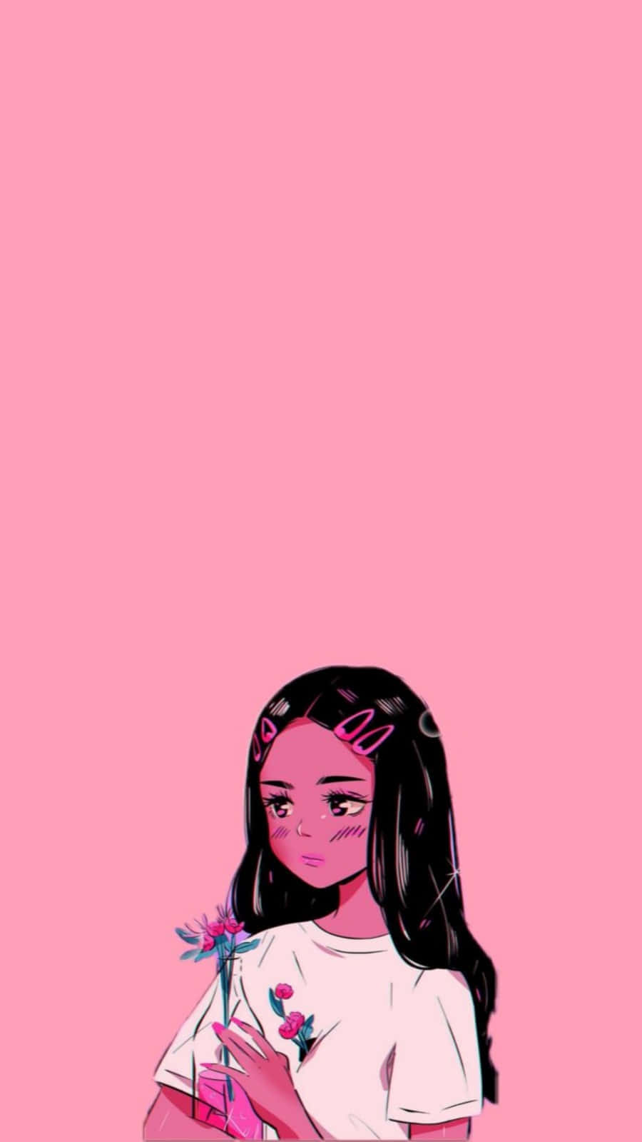 可愛少女風gif 桌布 壁紙 — 一個風格化的動漫女孩，長長的黑髮和粉紅色配飾，在純粉紅色背景上拿著一朵小花。