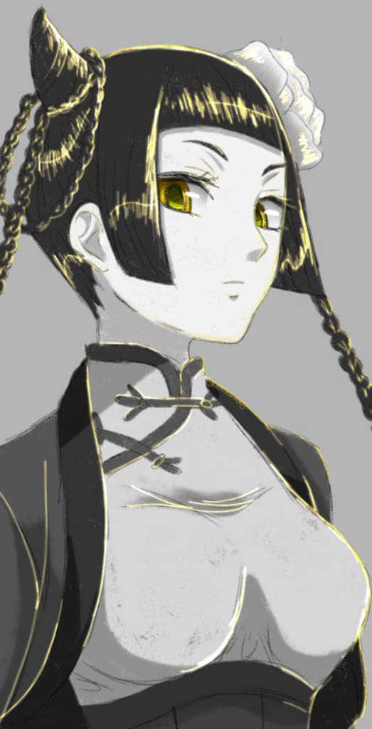 Ran-mao 桌布 壁紙 — 一個風格化的動漫女孩，黑色辮子頭髮和金色眼睛，穿著帶金色飾邊的黑色服裝，背景為灰色。