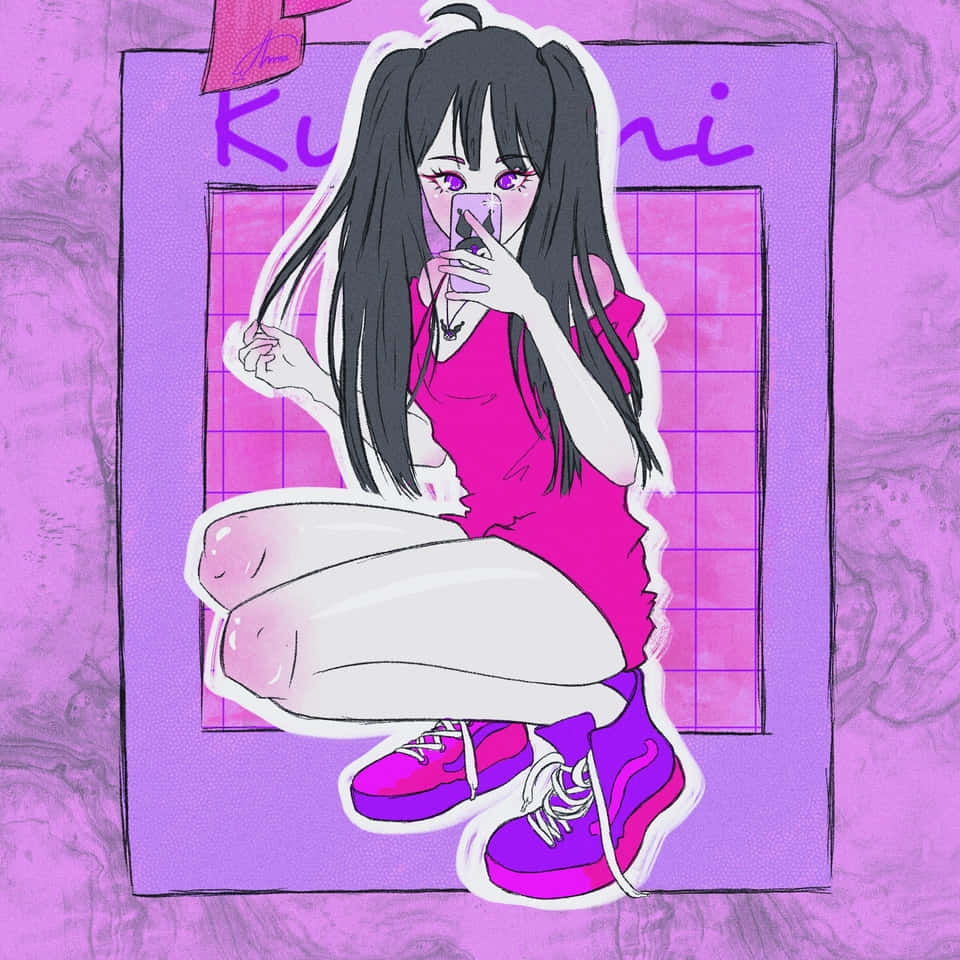 Kuromi Fanart 桌布 壁紙 — 一個風格化的動漫女孩，黑色雙馬尾和紫色眼睛，盤腿坐在粉紅色網格框架內，背景是大理石紋紫色。