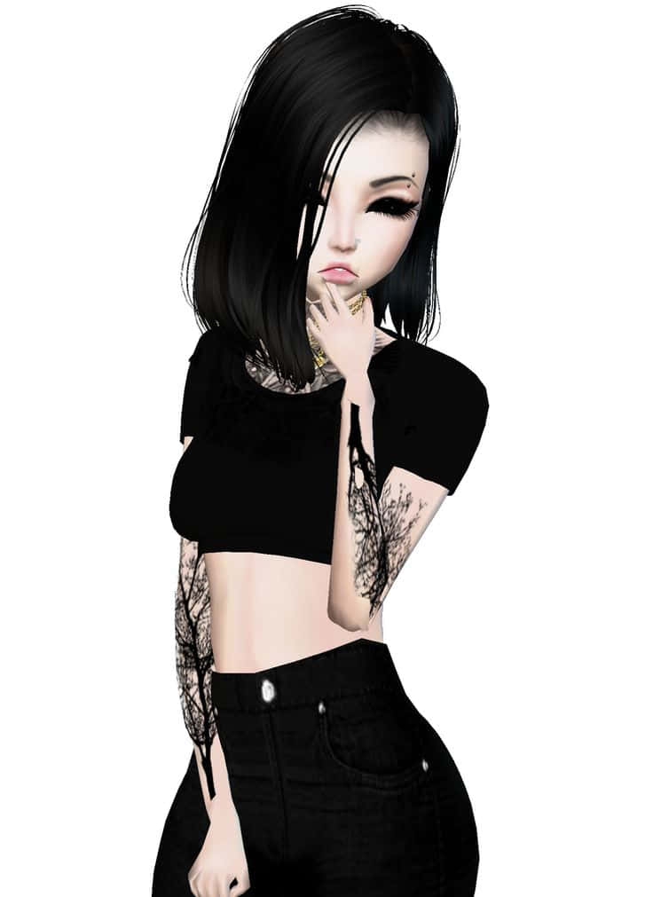 imvu 桌布 壁紙 — 一個風格化的動漫女孩，黑髮和紋身，穿著黑色露臍上衣和牛仔褲，在純白色背景前擺姿勢。