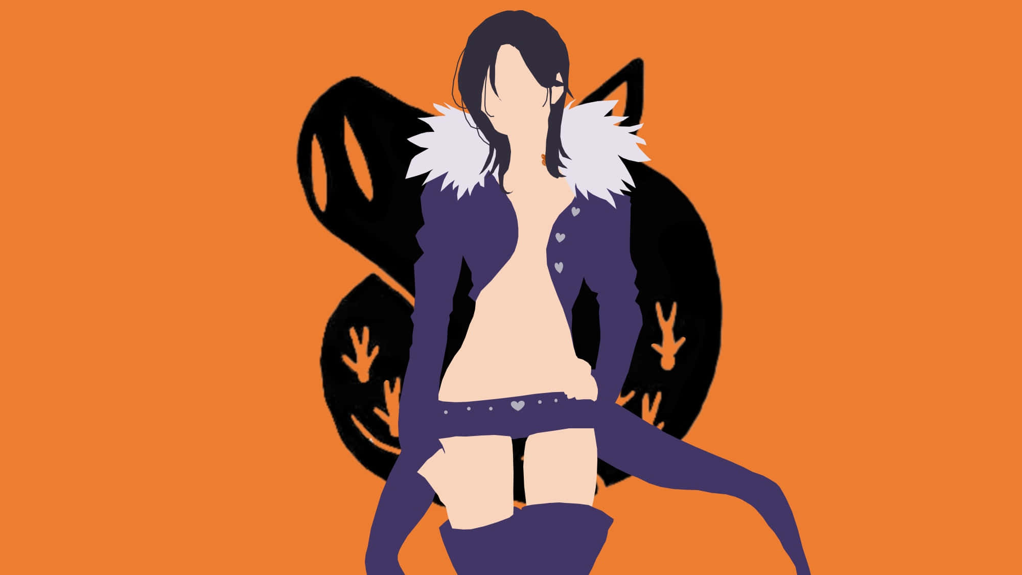 Seven Deadly Sins Merlin 桌布 壁紙 — 一個風格化的動漫女孩，黑髮白毛領，站在橙色背景前，帶有黑色貓剪影翅膀。