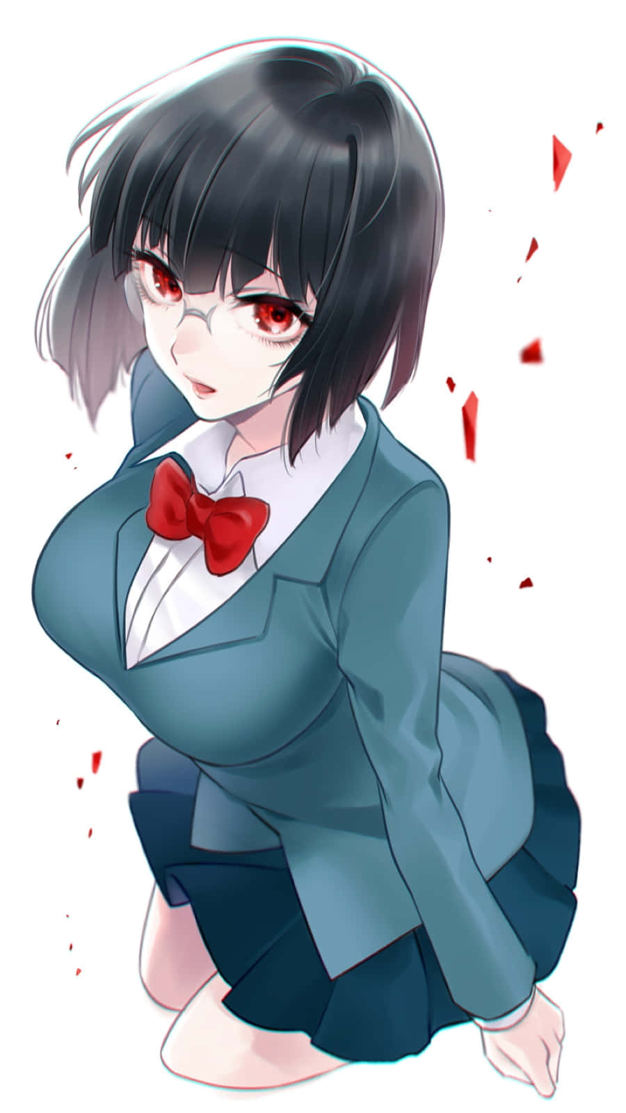 Anri Sonohara 桌布 壁紙 — 一個風格化的動漫女孩，黑髮紅眼，穿著帶有紅色蝴蝶結的校服跪著，周圍有紅色飛濺。