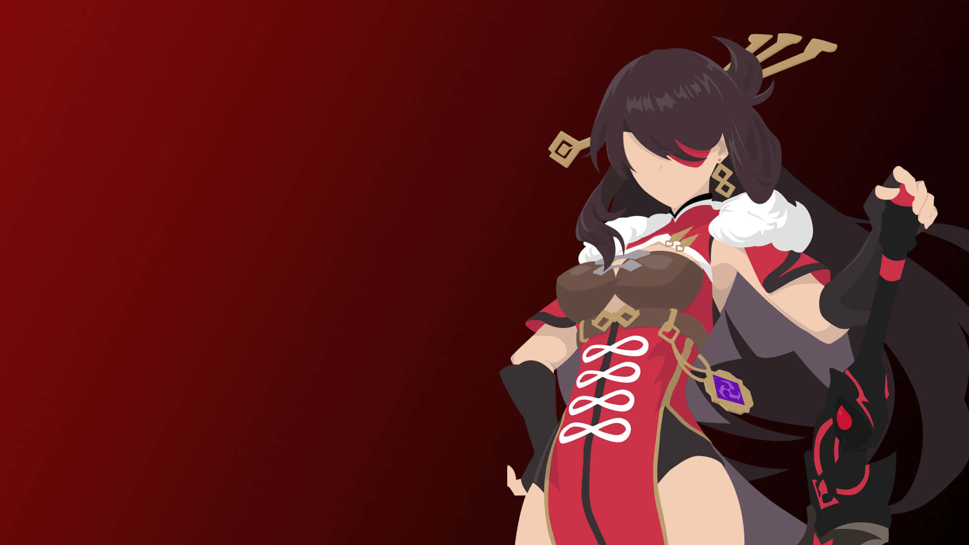 Genshin Impact Beidou 桌布 壁紙 — 一個風格化的動漫女孩，黑髮紅眼，穿著紅黑相間的服裝，背景是深紅色漸變。