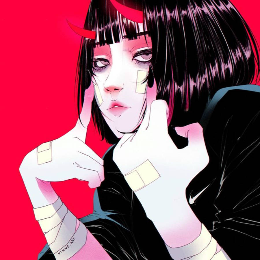 Bad Girl Anime 桌布 壁紙 — 一個風格化的動漫女孩，黑髮紅角，用貼著膠帶的手捂住臉，背景是鮮紅色。