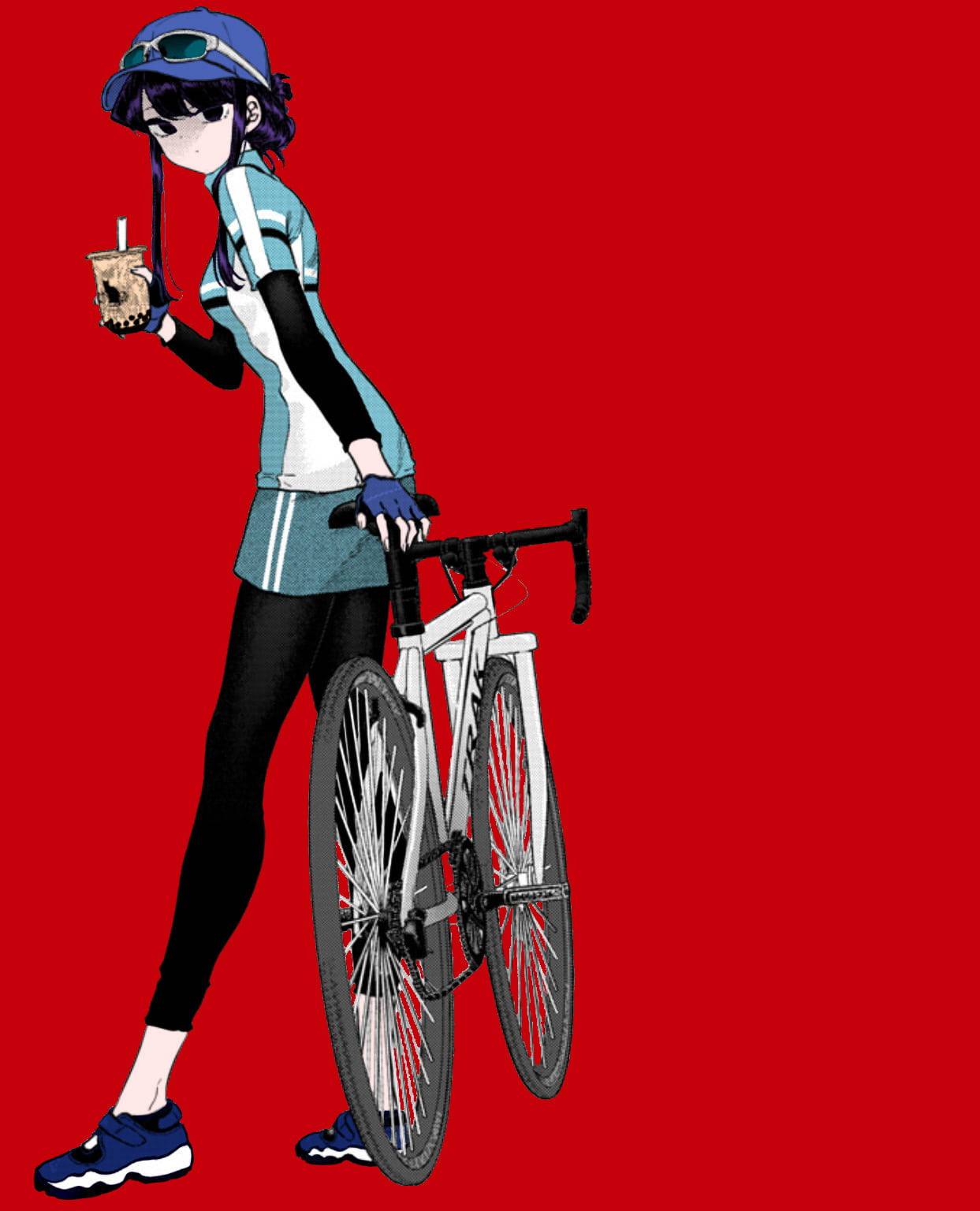古見同學 桌布 壁紙 — 一個風格化的動漫女孩穿著單車服，拿著飲料，靠在一輛白色公路單車上，背景是鮮明的紅色。