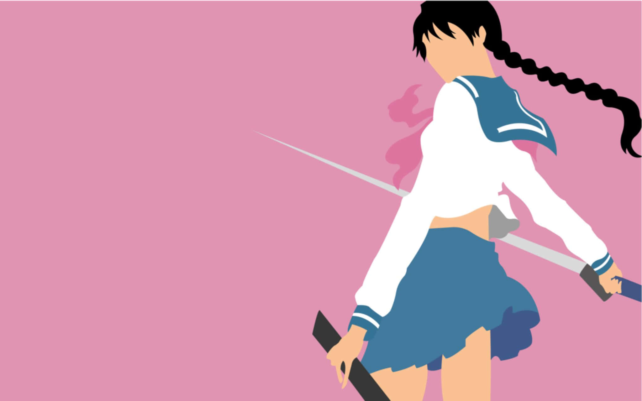 Lisa Yadomaru 桌布 壁紙 — 一個風格化的動漫女孩穿著校服，在純粉紅色背景上揮舞著劍。