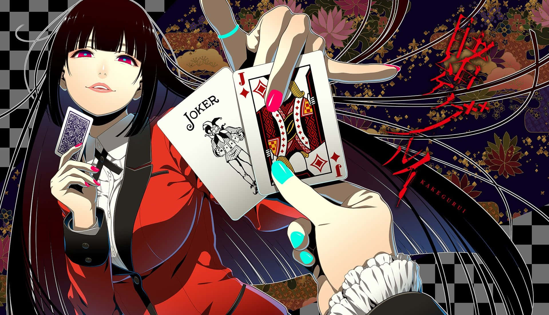 Kakegurui 桌布 壁紙 — 一個風格化的動漫女孩穿著紅色外套，在深色花卉和格子背景中拿著撲克牌。