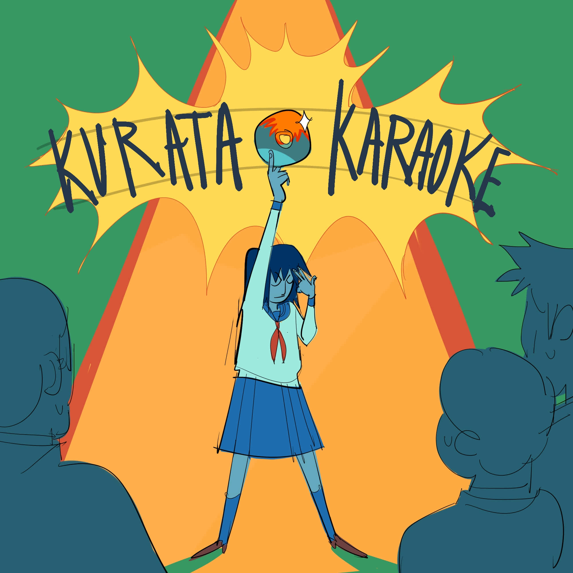 Tome Kurata 桌布 壁紙 — 一個風格化的動漫女學生在明亮的黃色星爆下用咪高峰唱卡拉OK。