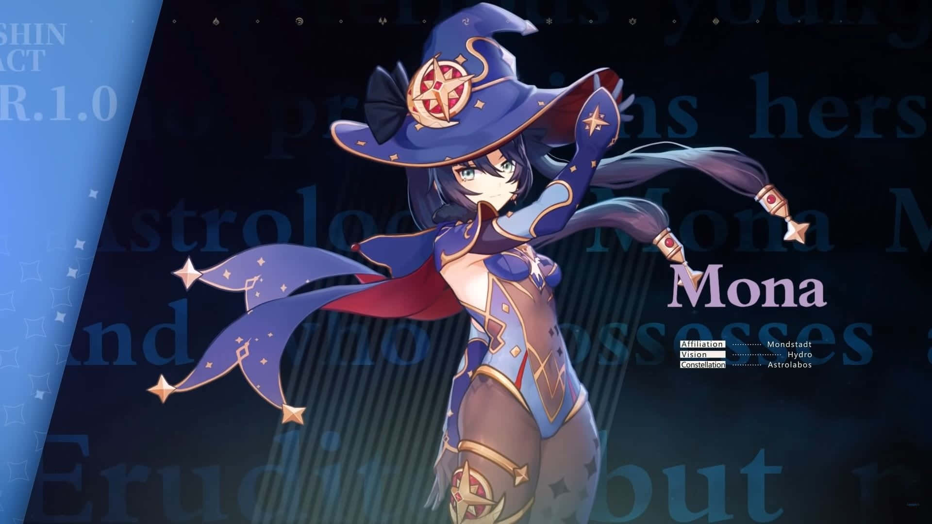 Genshin Impact Mona 桌布 壁紙 — 一個風格化的動漫女巫，戴著藍色帽子，披著飄逸的斗篷，自信地站在黑暗背景前，背景有發光文字。