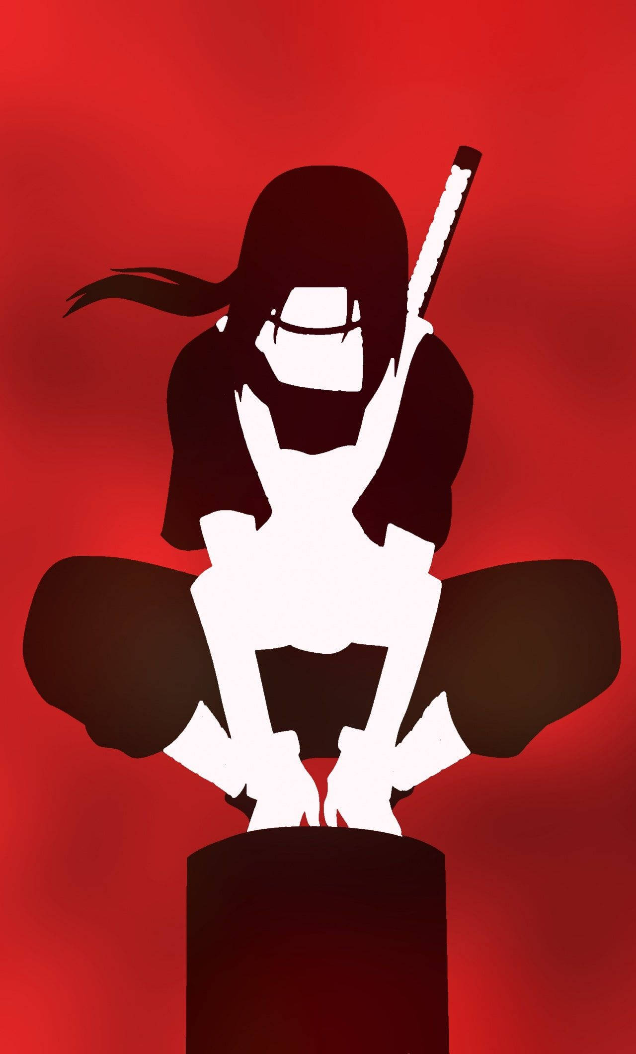 Itachi 桌布 壁紙 — 一個風格化的動漫女忍者以白色和黑色剪影坐在柱子上，背景是鮮紅色的漸變色。