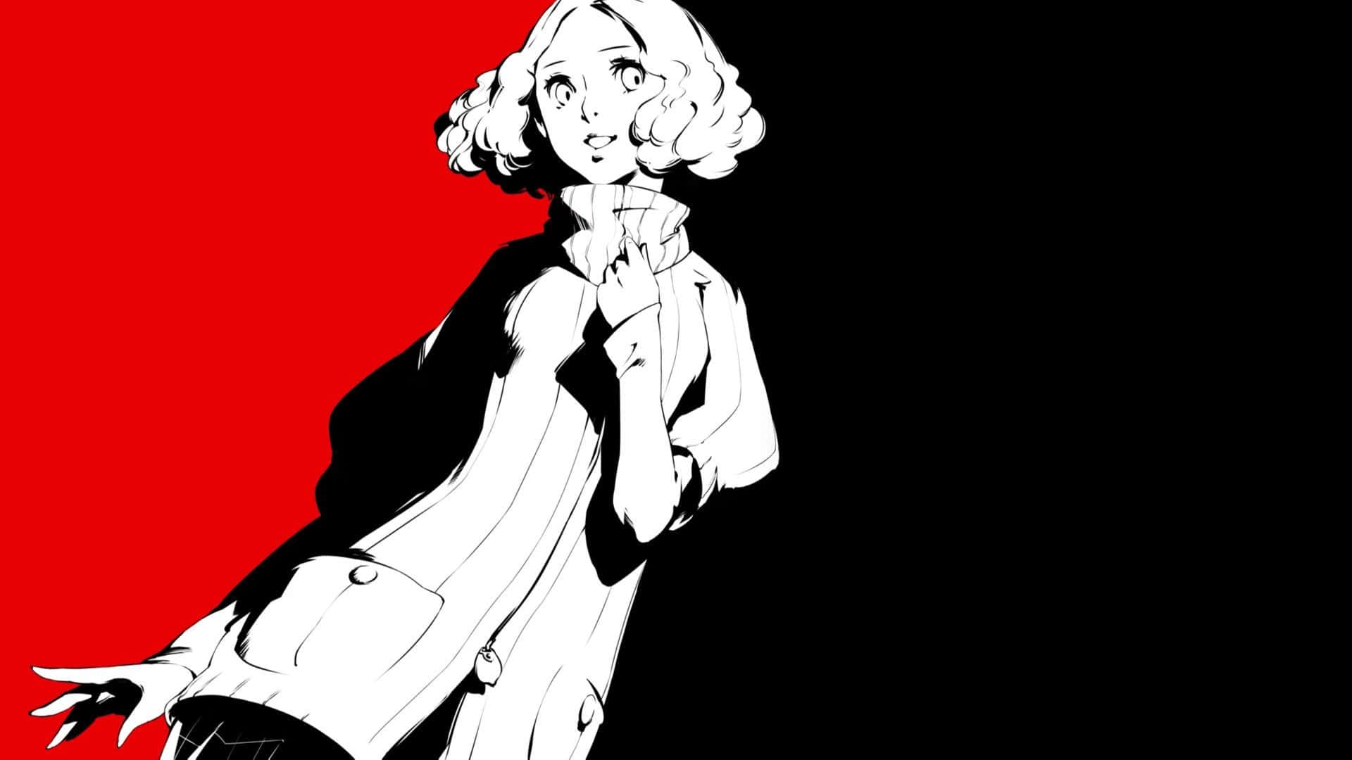 persona 桌布 壁紙 — 一個風格化的動漫女性，捲髮，穿著白色外套，站在大膽的紅色和黑色背景前。