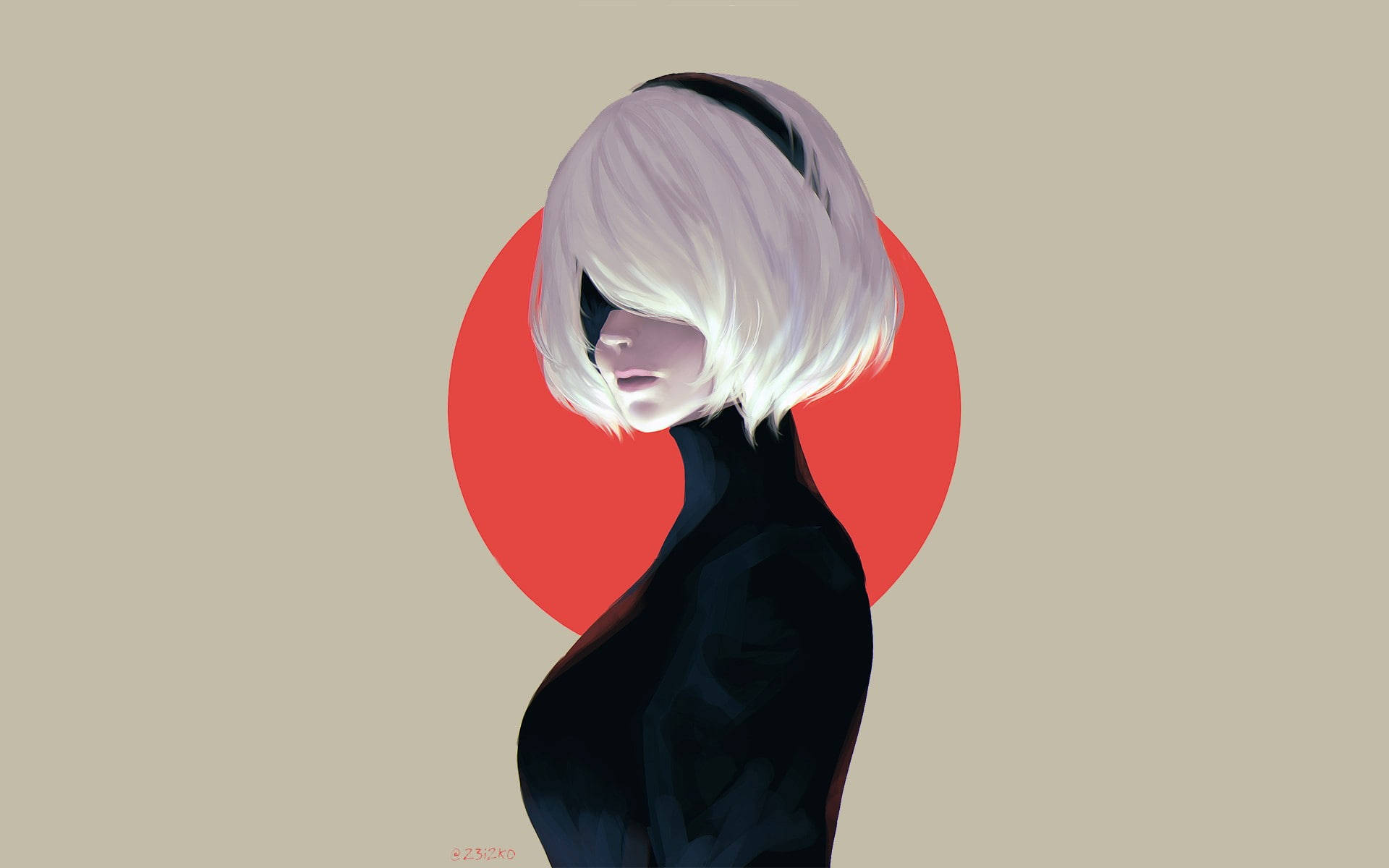  壁紙 — 一個風格化的動漫女性，白色波波頭和黑色服裝，側面站立在鮮明的紅色圓形背景前。