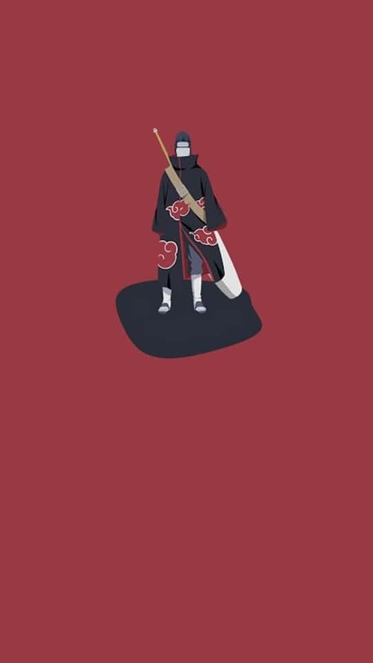 Akatsuki Kisame 桌布 壁紙 — 一個風格化的動漫忍者，身穿帶有紅色雲紋的黑色斗篷，在純紅色背景上擺出姿勢。