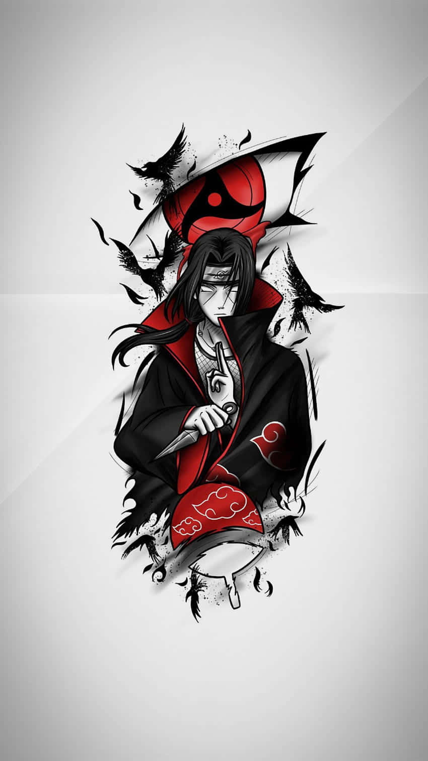 Jutsu 桌布 壁紙 — 一個風格化的動漫忍者，身穿紅黑斗篷，擁有寫輪眼，被鳥兒和飛濺的墨水包圍在灰色背景上。