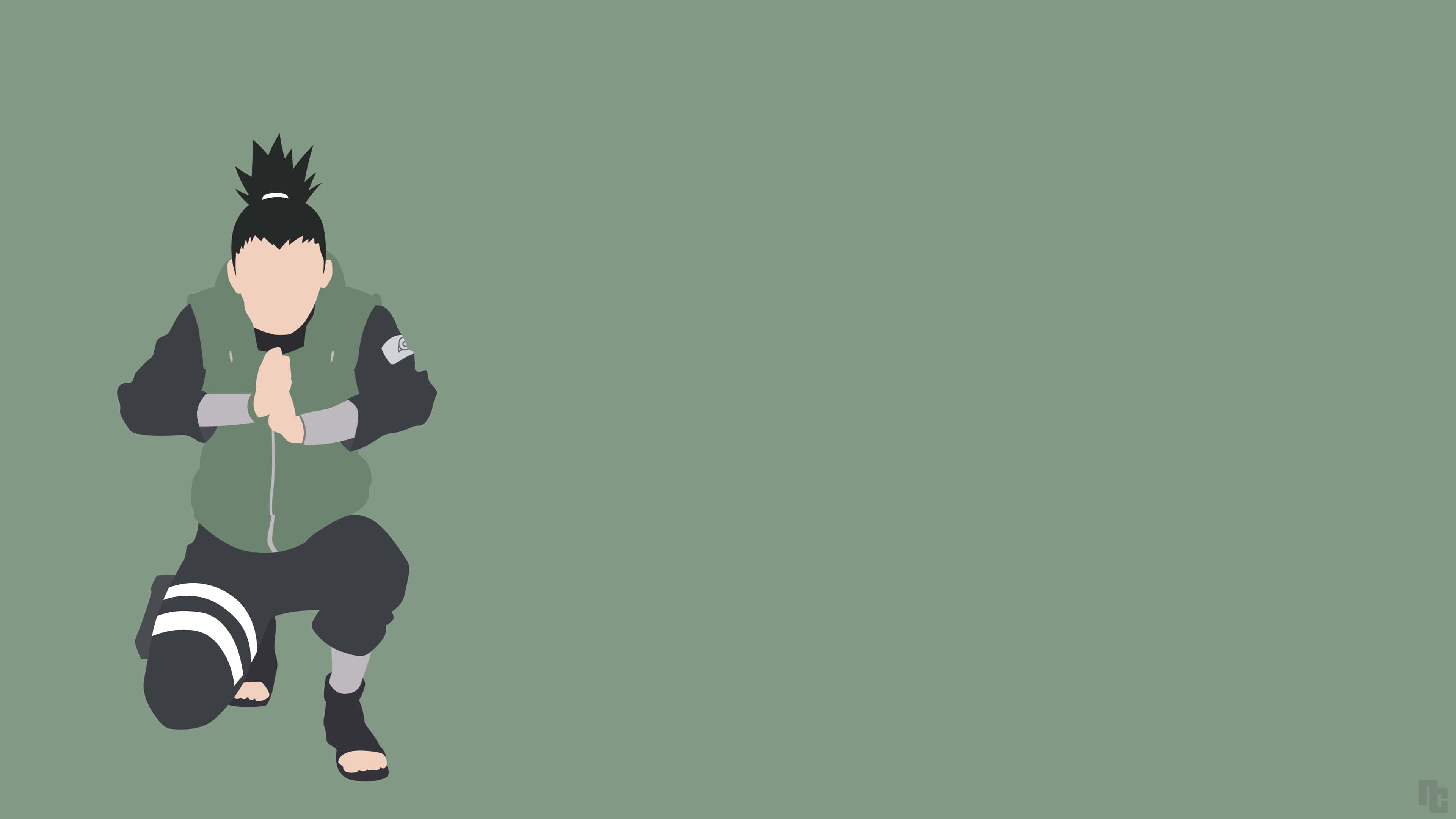 Shikamaru Nara 桌布 壁紙 — 一個風格化的動漫忍者，身穿綠色背心，雙手合十跪在純橄欖綠色背景前。