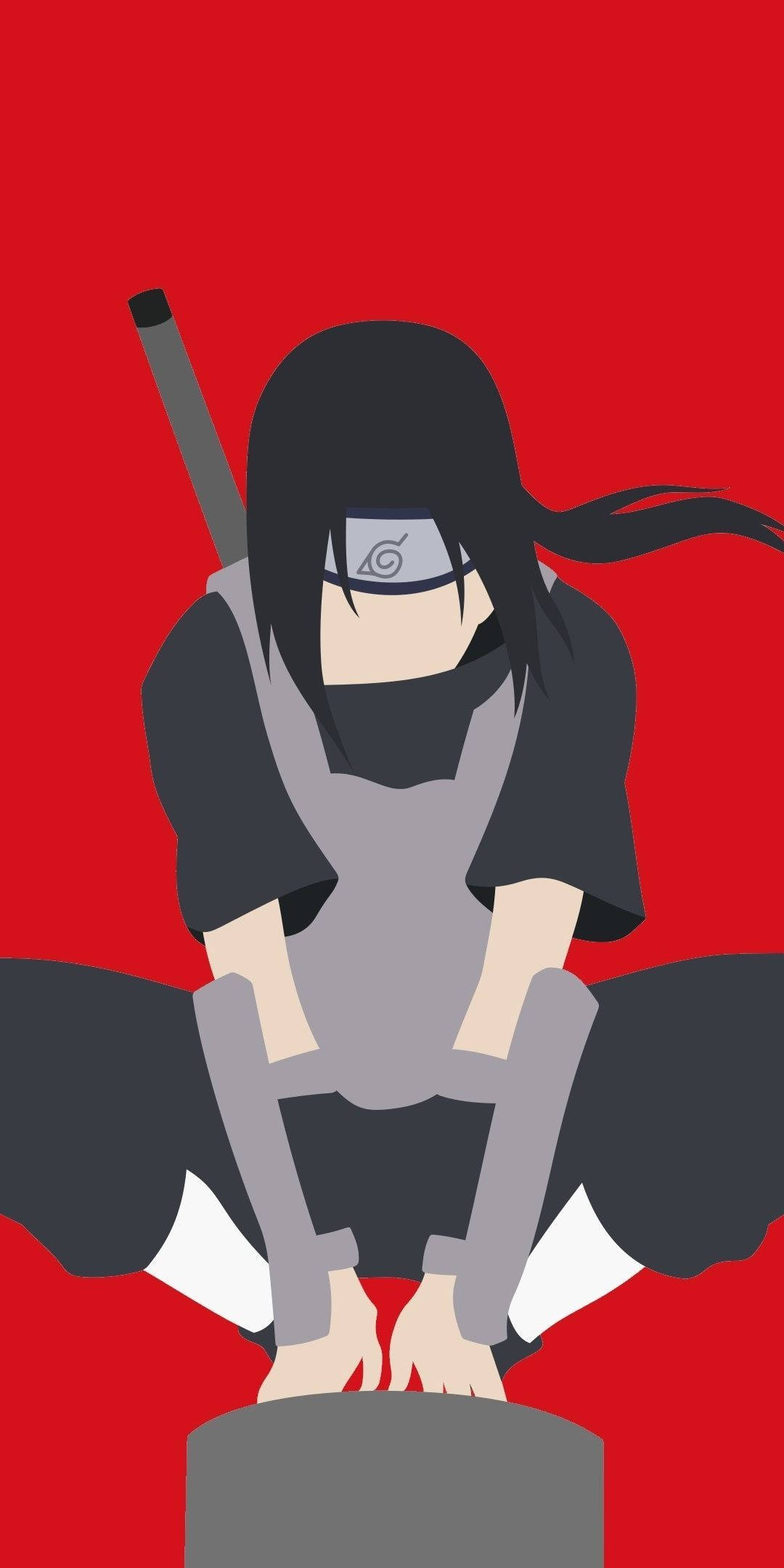 Itachi 桌布 壁紙 — 一個風格化的動漫忍者，黑色頭髮和面具，蹲在石柱上，背景是鮮明的紅色。