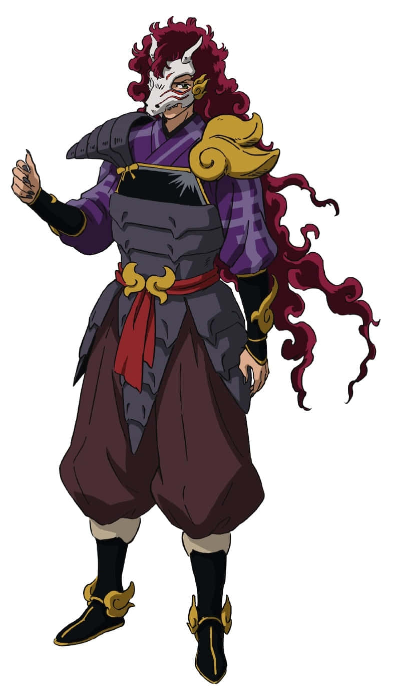 Kirinmaru 桌布 壁紙 — 一個風格化的動漫戰士，戴著白色面具，飄逸的紅髮，以動態姿勢站立，身穿帶有金色裝飾的華麗紫色盔甲。