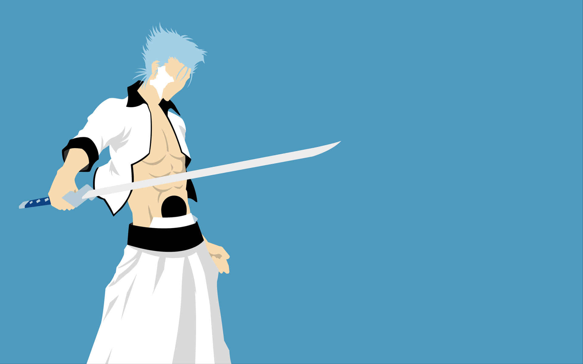 Grimmjow Jaegerjaquez 桌布 壁紙 — 一個風格化的動漫戰士，擁有尖刺的藍色頭髮，在純藍色背景上揮舞著劍。