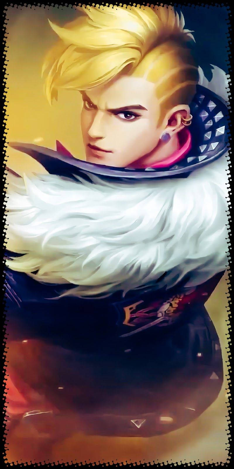 Mobile Legends 桌布 壁紙 — 一個風格化的動漫戰士，擁有尖刺金髮和白色毛領，在溫暖的金色背景下凝視著。