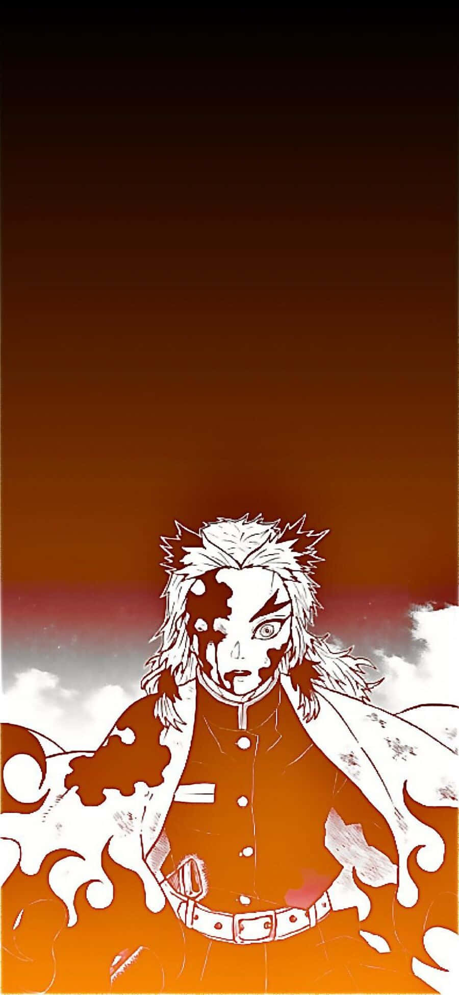 Rengoku Aesthetic 桌布 壁紙 — 一個風格化的動漫戰士，擁有尖刺頭髮和火焰圖案，站在火紅橙色和紅色的漸變天空前。
