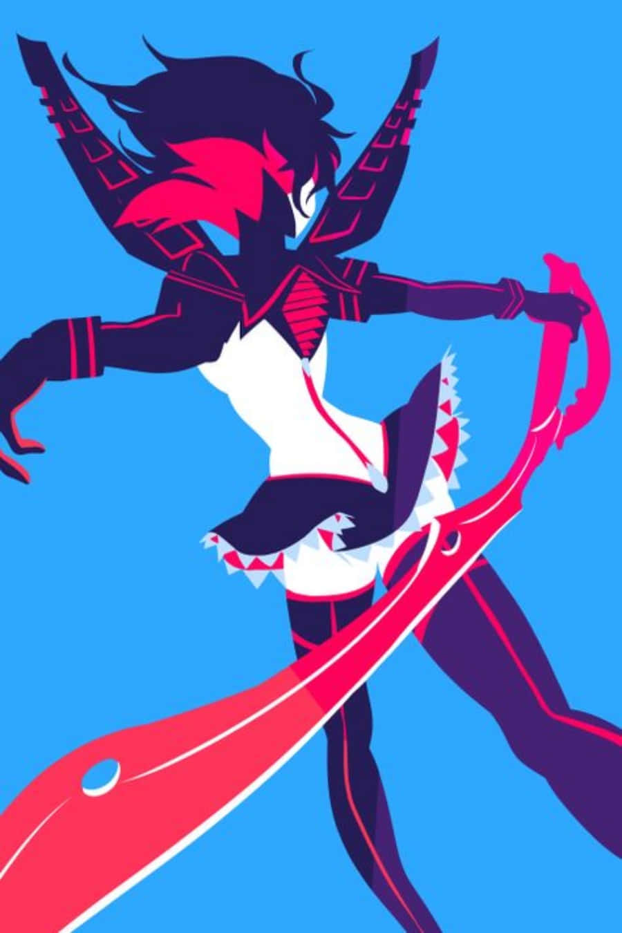 Kill La Kill Senketsu 桌布 壁紙 — 一個風格化的動漫戰士，擁有紅色和黑色的翅膀以及一把長彎刀，在明亮的藍色背景上動態攻擊。