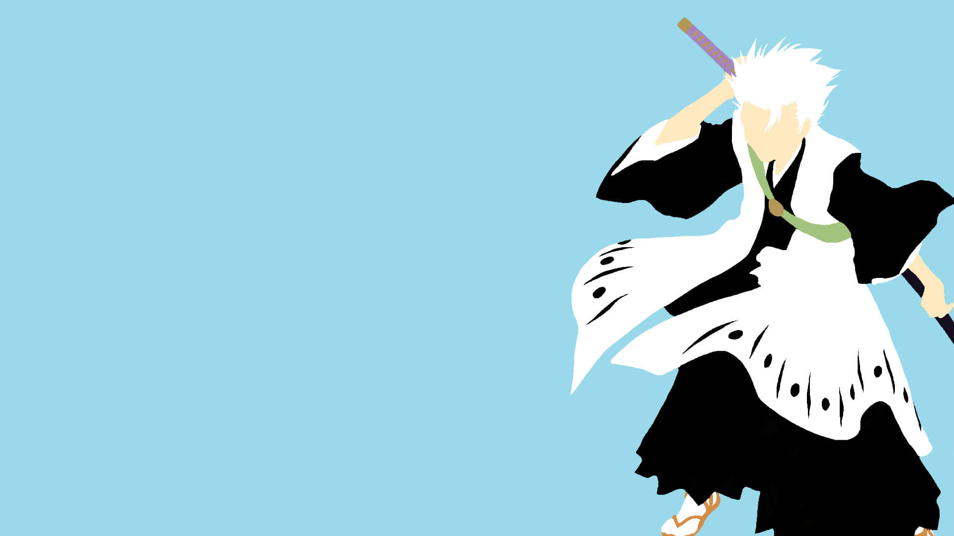 Toshiro Hitsugaya 桌布 壁紙 — 一個風格化的動漫戰士，白髮，穿著黑白服裝，在純淺藍色背景前持劍。