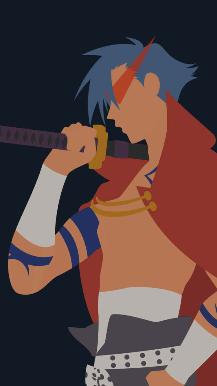Gurren Lagann Kamina 桌布 壁紙 — 一個風格化的動漫戰士，藍色頭髮，紅色閃電標記，在黑暗背景下握著一把武士刀。