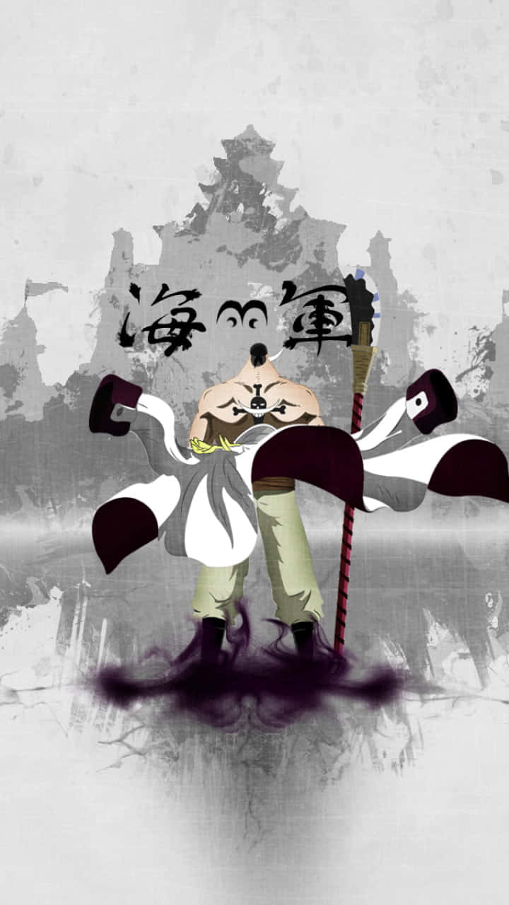 Whitebeard 桌布 壁紙 — 一個風格化的動漫戰士，身上有骷髏紋身，在單色城堡背景下挑釁地手持法杖站立。
