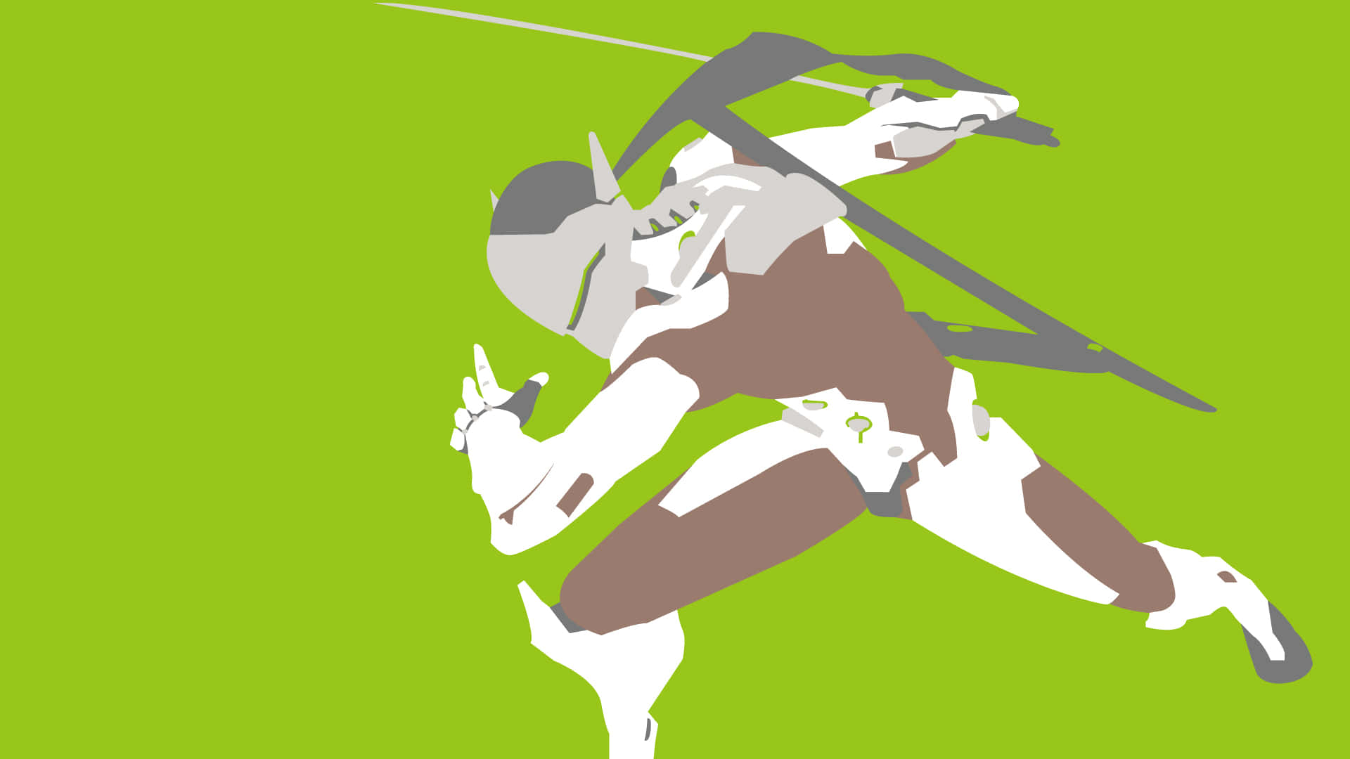 Overwatch Genji 桌布 壁紙 — 一個風格化的動漫戰士，身穿白色和棕色盔甲，手持長矛，在充滿活力的青檸綠色背景上向前衝刺。