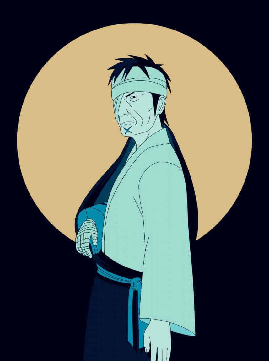 Danzo Shimura 桌布 壁紙 — 一個風格化的動漫戰士穿著淺藍色長袍，在黑暗的天空下以側面姿勢站在一個大的米色圓形背景前。