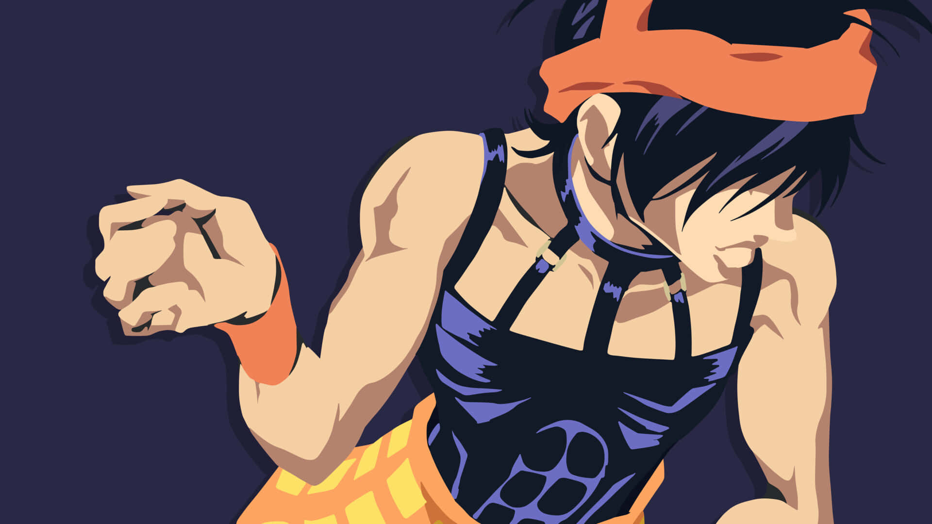 Narancia Ghirga 桌布 壁紙 — 一個風格化的動漫戰士穿著藍色和橙色服裝，在黑暗背景下握緊拳頭擺姿勢。