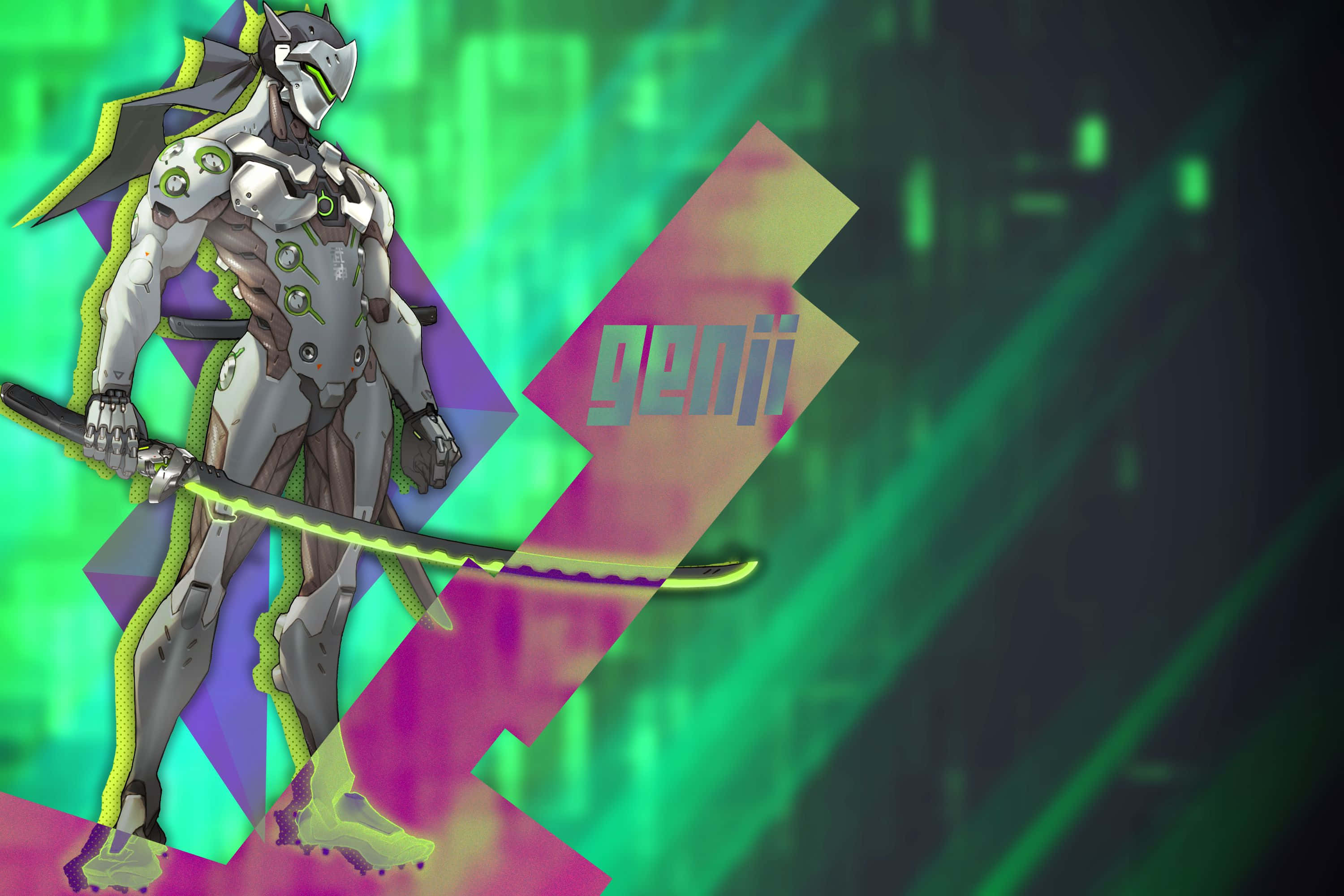 Overwatch Genji 桌布 壁紙 — 一個風格化的動漫戰士身穿白色盔甲，在霓虹綠和紫色的數位城市景觀中揮舞著發光的武士刀。
