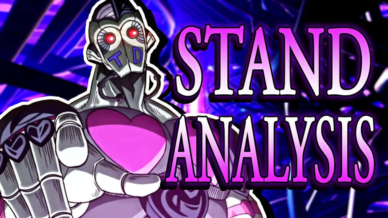 Jojo's Bizarre Adventure Atum 桌布 壁紙 — 一個風格化的動漫機械人，紅色的眼睛，在充滿活力的紫色霓虹背景上拿著一個發光的粉紅色心形。
