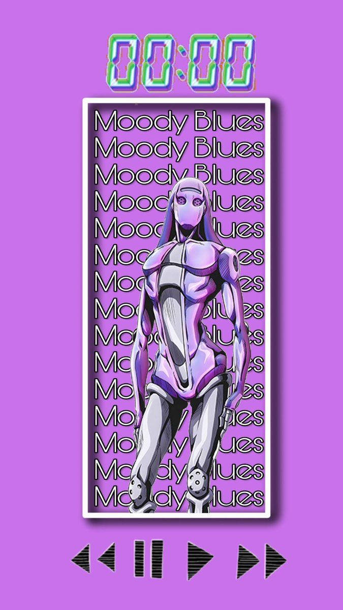Jojo Phone - Leone Abbacchio 壁紙 — 一個風格化的動漫機械人女性站在重複的「Moody Blues」文字背景前，下方有一個發光的數位計時器。