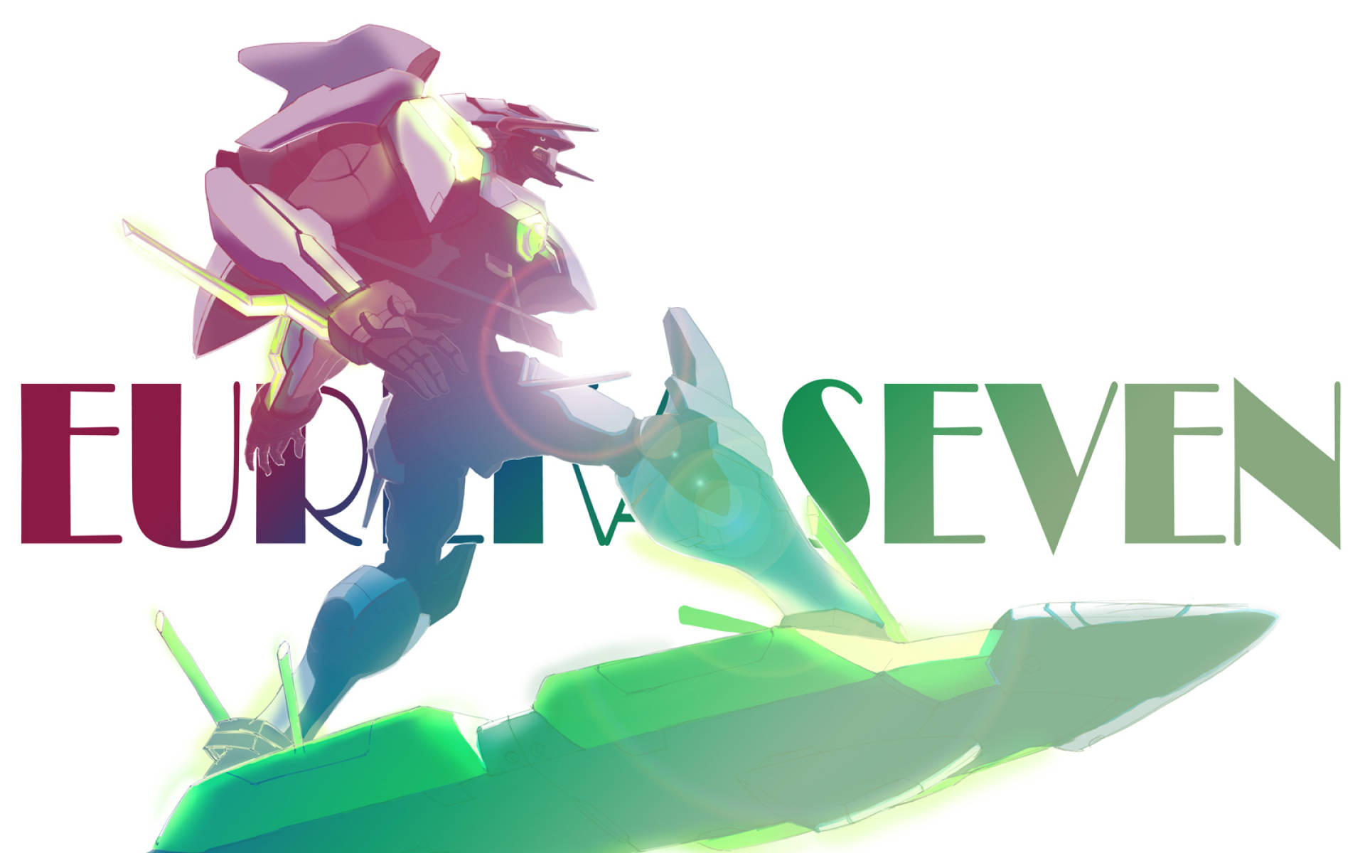 《Eureka Seven》Nirvash 壁紙 — 一個風格化的動漫機甲戰士，散發紫色和綠色光芒，站在未來車輛上，背後有粗體文字。
