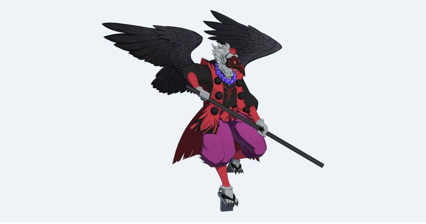 Tengu 桌布 壁紙 — 一個風格化的動漫烏鴉戰士，擁有黑色翅膀、紅色眼睛和紫色褲子，在純淺灰色背景前揮舞著長杖。