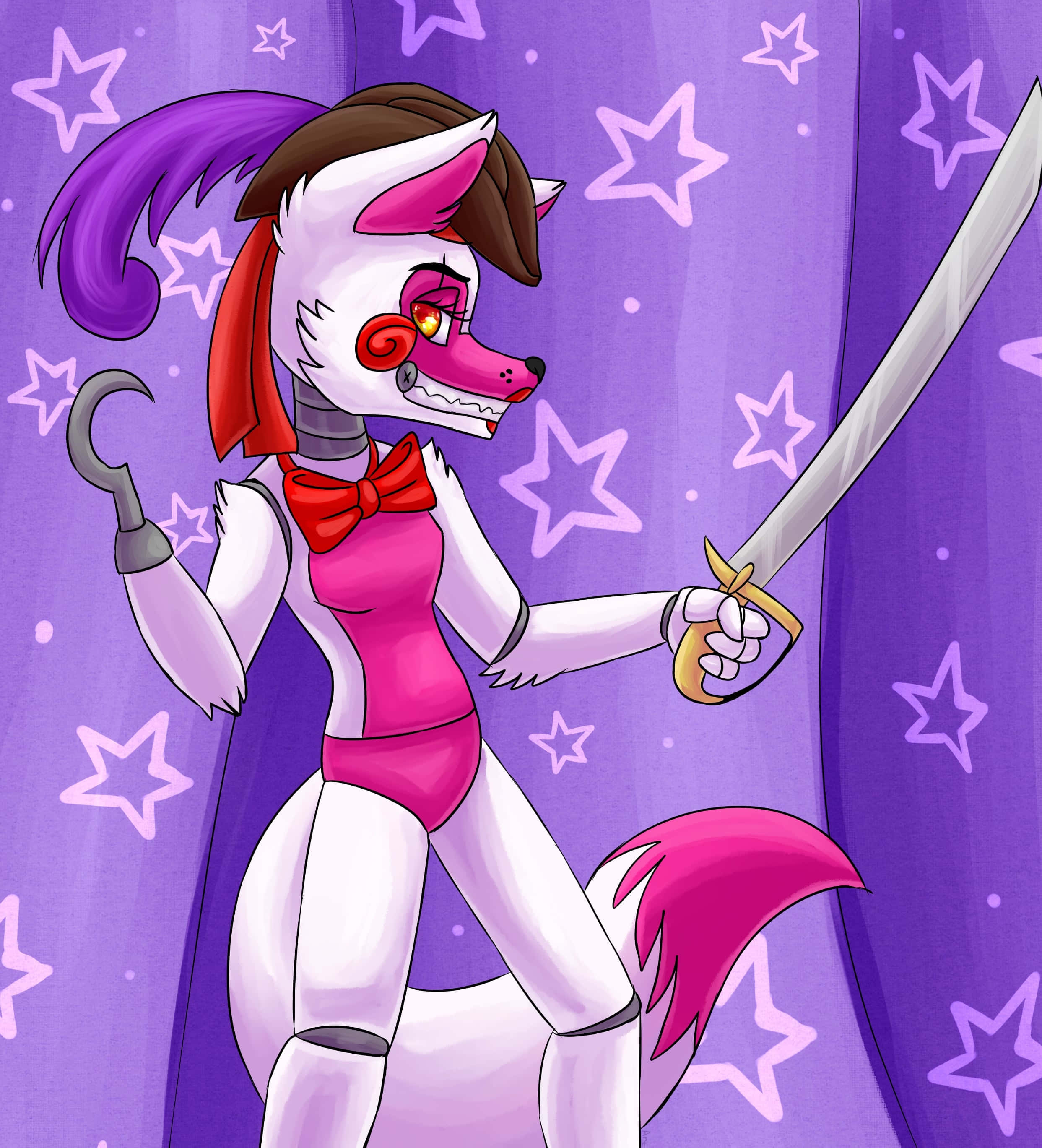 Funtime Foxy 桌布 壁紙 — 一個風格化的動漫狐狸戰士，擁有粉紅色和白色的毛髮，在星光點點的紫色背景下揮舞著劍和鉤子。
