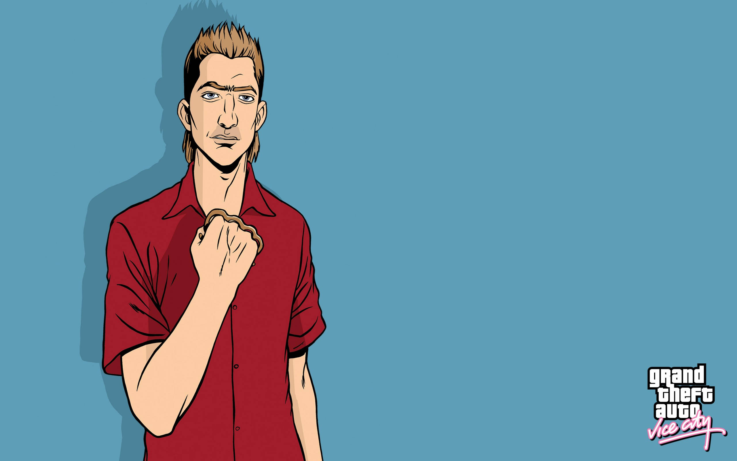 遊戲 桌布 壁紙 — 一個風格化的動漫男人穿著紅色襯衫，在帶有GTA Vice City標誌的純藍色背景上握緊拳頭。