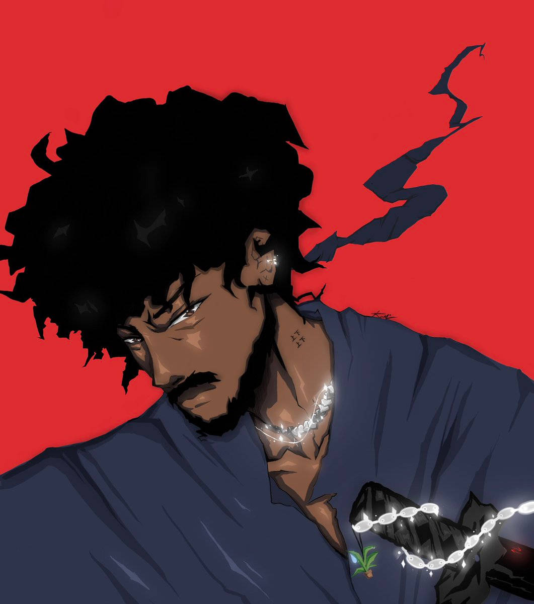 武士 桌布 壁紙 — 一個風格化的動漫男子，擁有非洲式頭髮和發光的鏈條項鍊，背景是鮮豔的紅色。