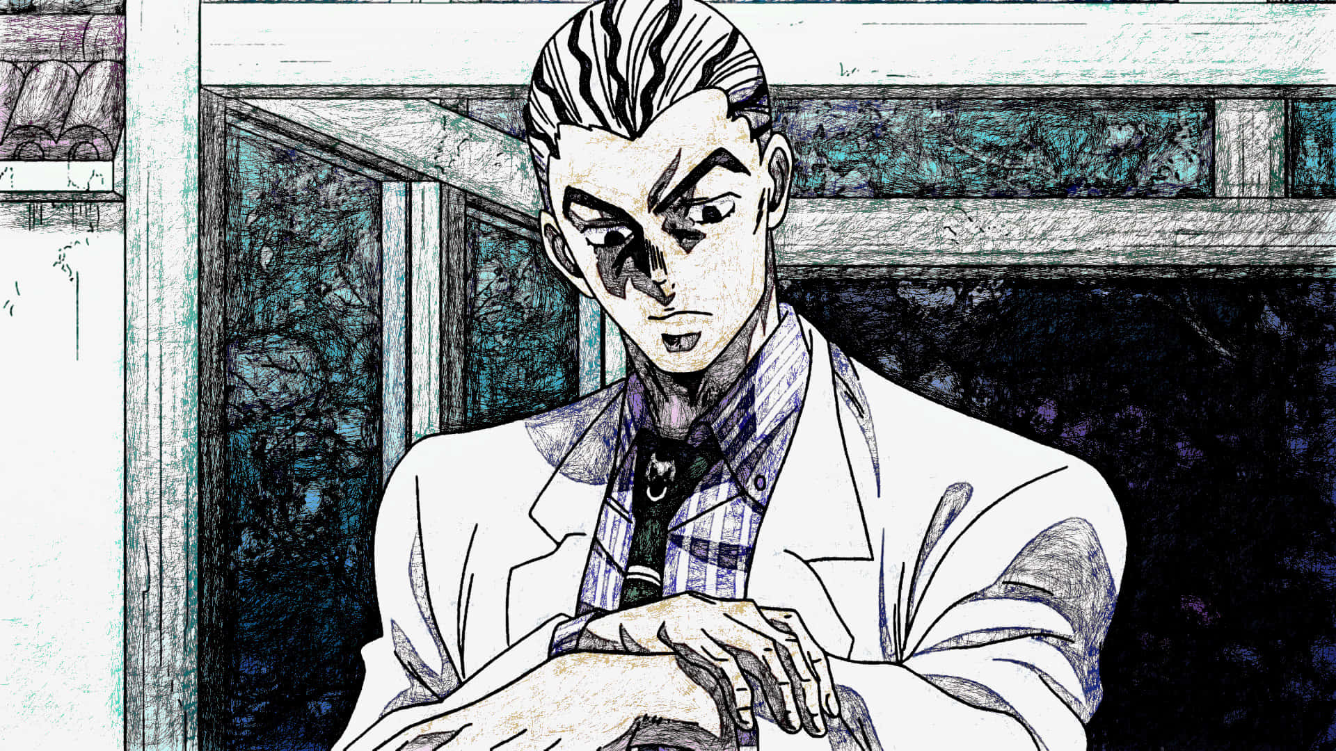 Kosaku Kawajiri 桌布 壁紙 — 一個風格化的動漫男子，有著尖刺頭髮和銳利眼神，坐在身後有窗戶的昏暗房間裡。