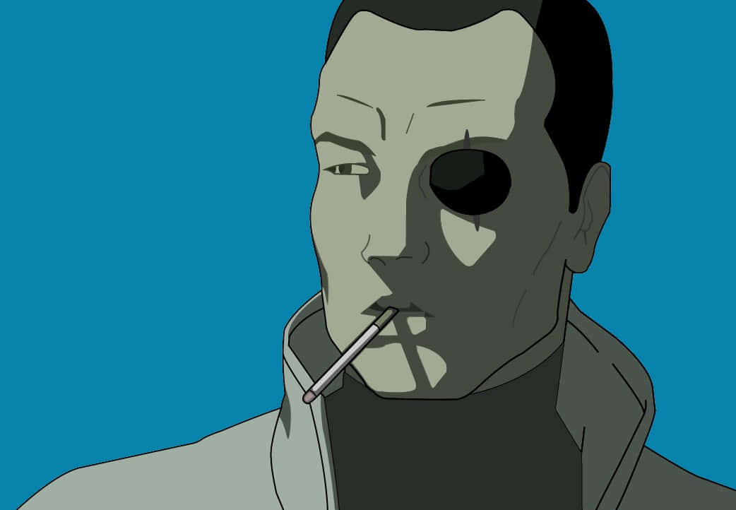 Ghost In The Shell Saito 桌布 壁紙 — 一個風格化的動漫男子，缺少一隻眼睛，在純藍色背景上抽煙。