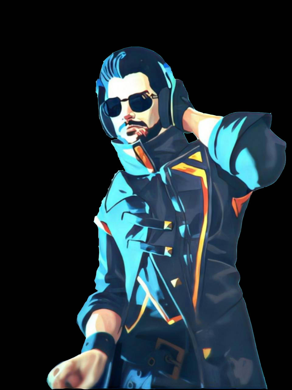 Free Fire DJ Alok PNG 壁紙 — 一個風格化的動漫男子，身穿帶有橙色點綴的藍色外套，在黑色背景前擺出自信的姿勢。