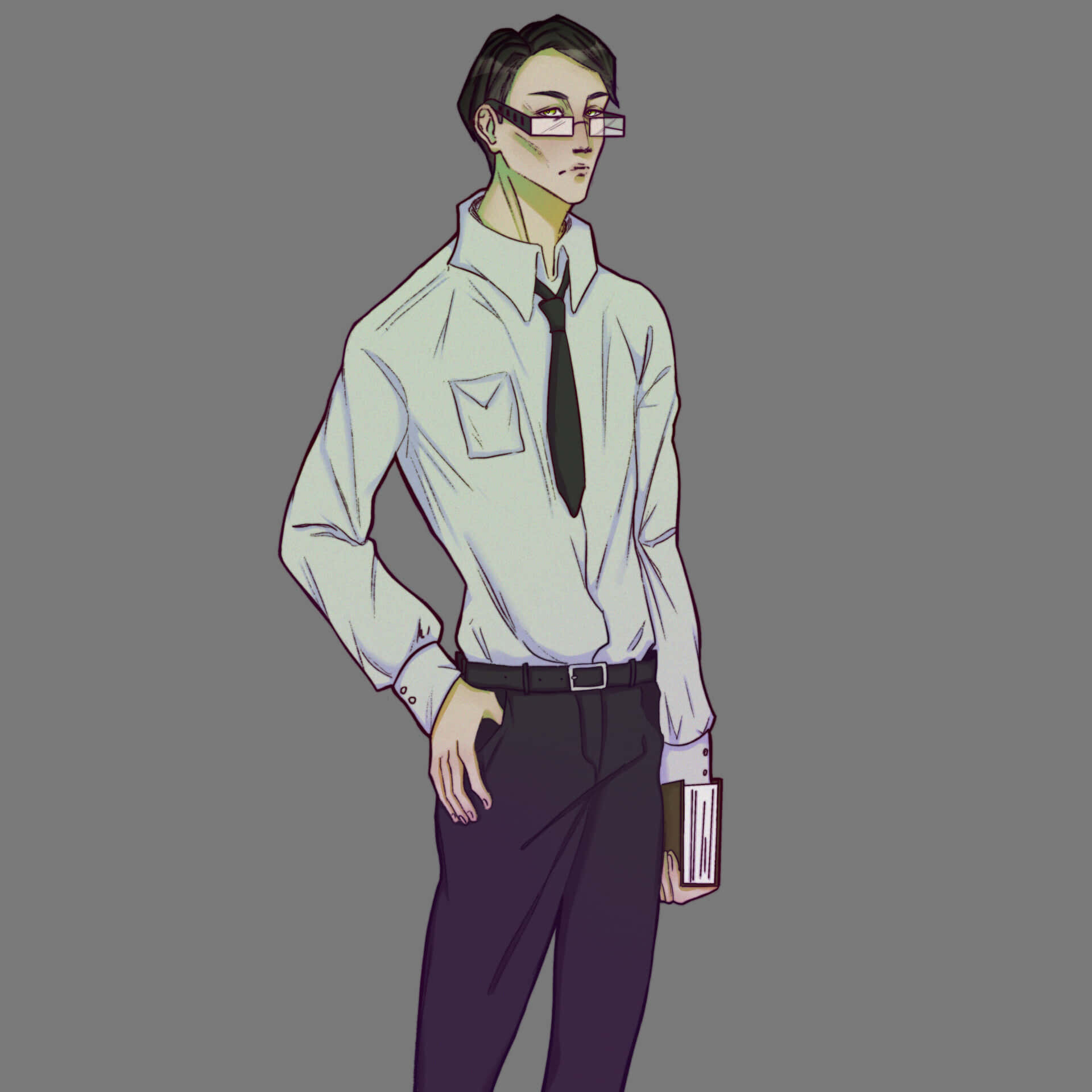 William T. Spears 桌布 壁紙 — 一個風格化的動漫男子，身穿白襯衫和黑領帶，自信地站在純灰色背景前，手持一本書。