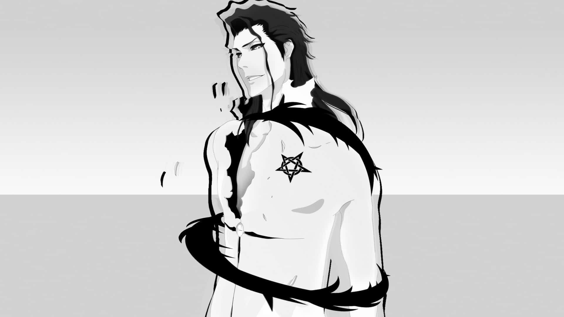 Sosuke Aizen 桌布 壁紙 — 一個風格化的動漫男子，長髮，胸前有五星芒紋身，站在極簡灰色背景前。