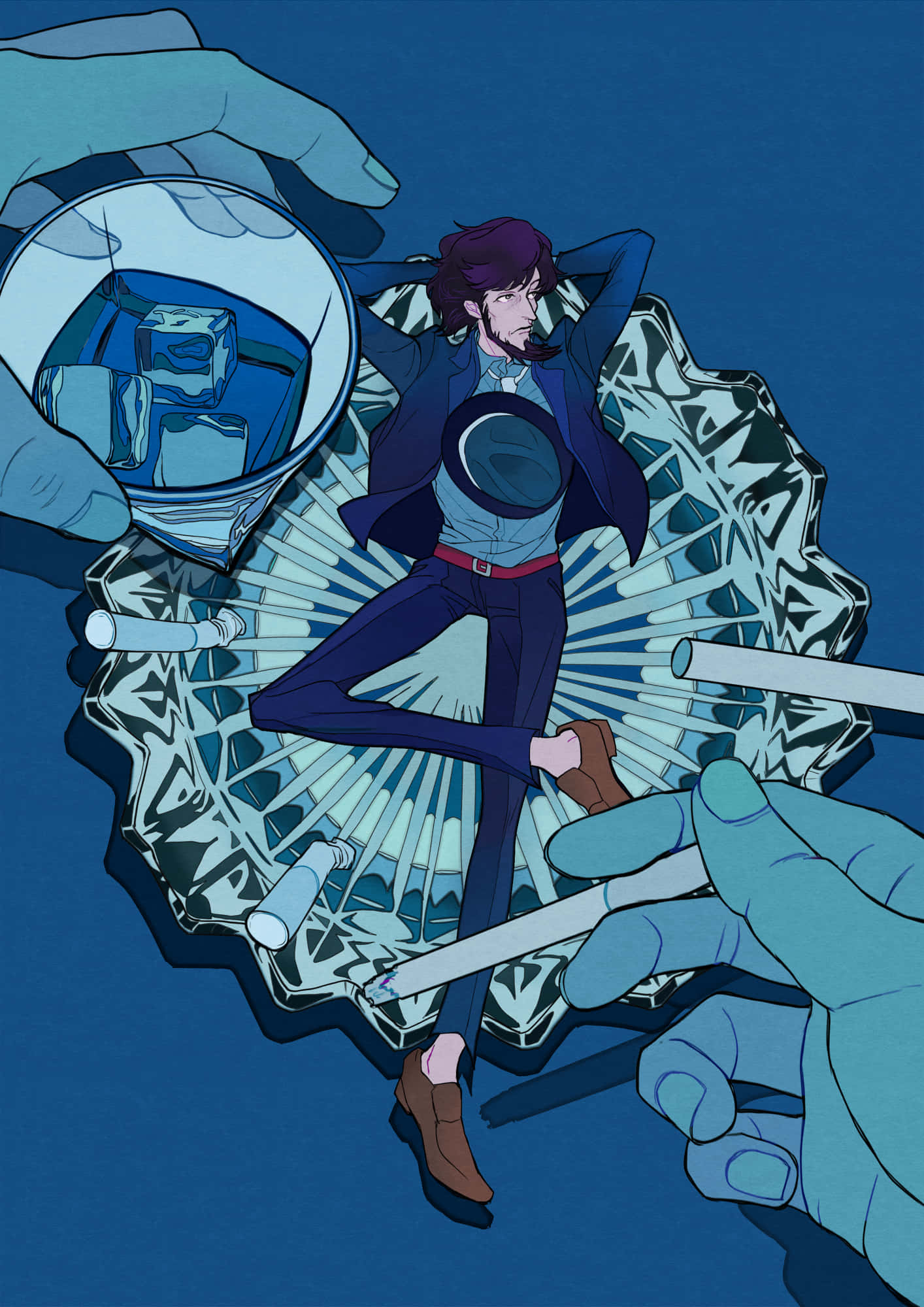Lupin Iii Daisuke Jigen 桌布 壁紙 — 一個風格化的動漫男子在水晶煙灰缸上閒躺，雙手遞給他雞尾酒和香煙，背景是深藍色。