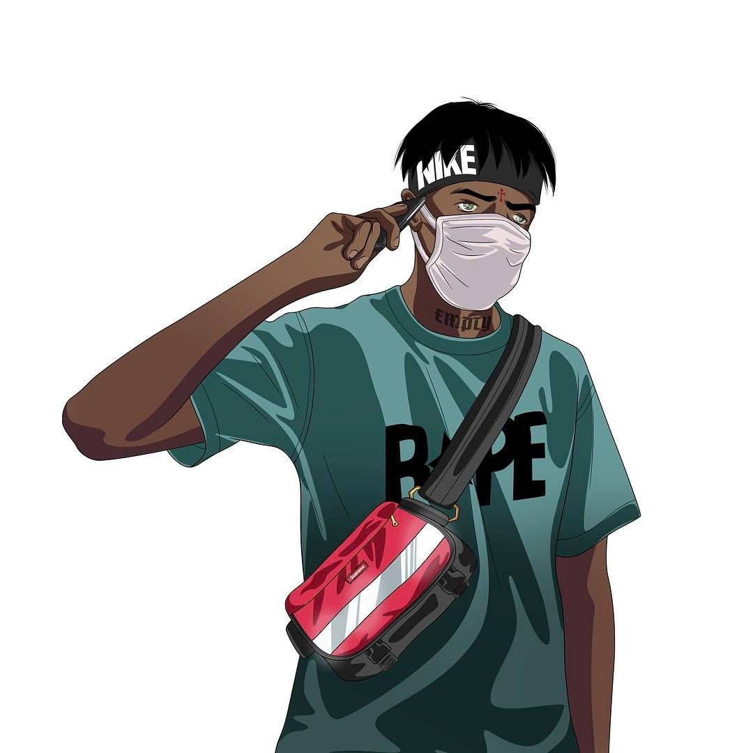 supreme 桌布 壁紙 — 一個風格化的動漫男子穿著綠色BAPE T恤和紅色斜挎包，戴著口罩和Nike頭帶調整耳機。