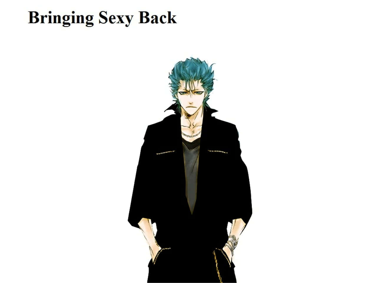 Grimmjow Jaegerjaquez 桌布 壁紙 — 一個風格化的動漫男性，擁有尖刺的藍綠色頭髮和黑色外套，自信地站在純白色背景前。