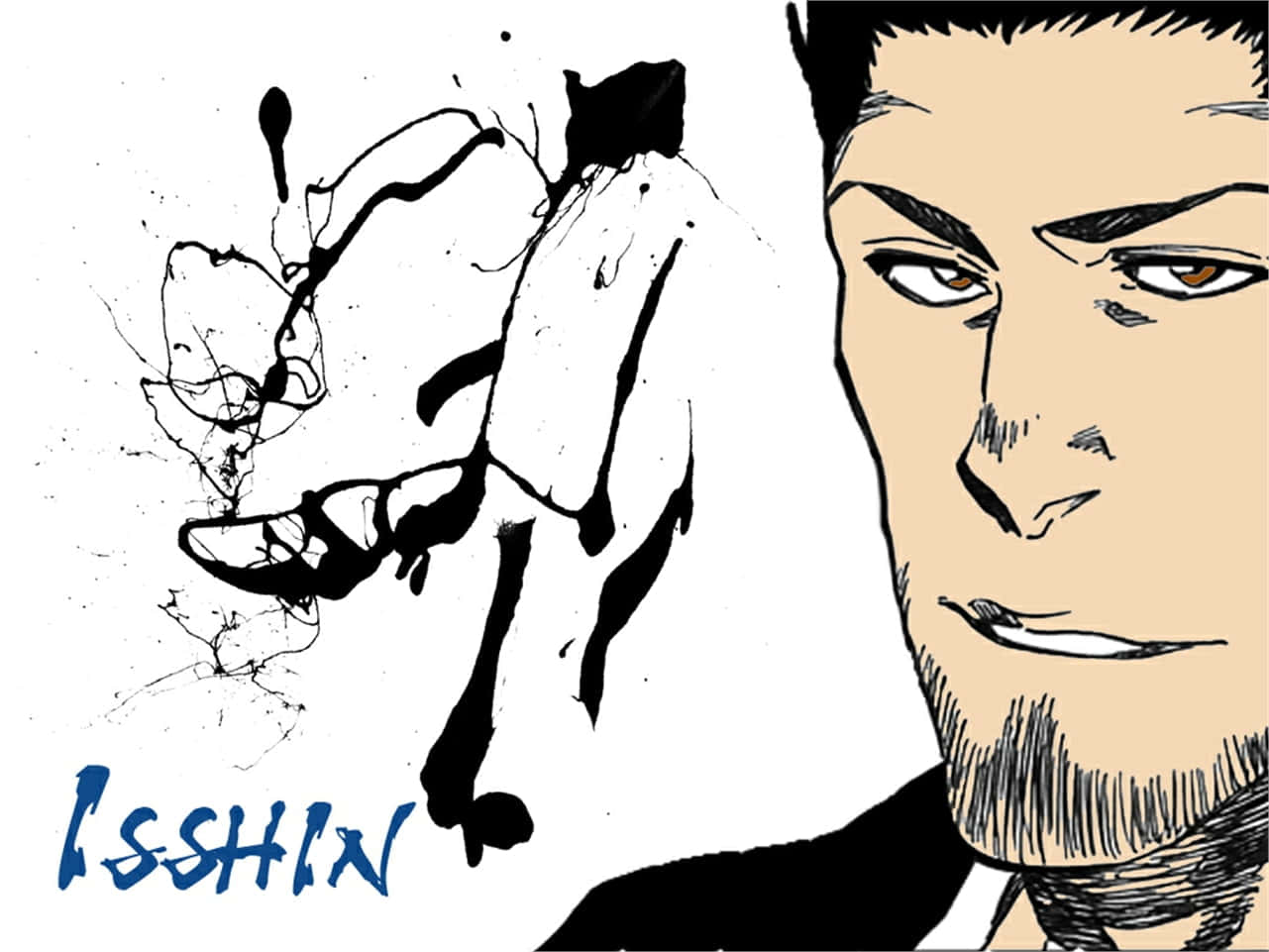 Isshin Kurosaki 桌布 壁紙 — 一個風格化的動漫肖像，描繪一個眼神銳利、留鬍子的男人，旁邊是一個動態的黑色墨水飛濺插圖，展示一個正在移動的人物。